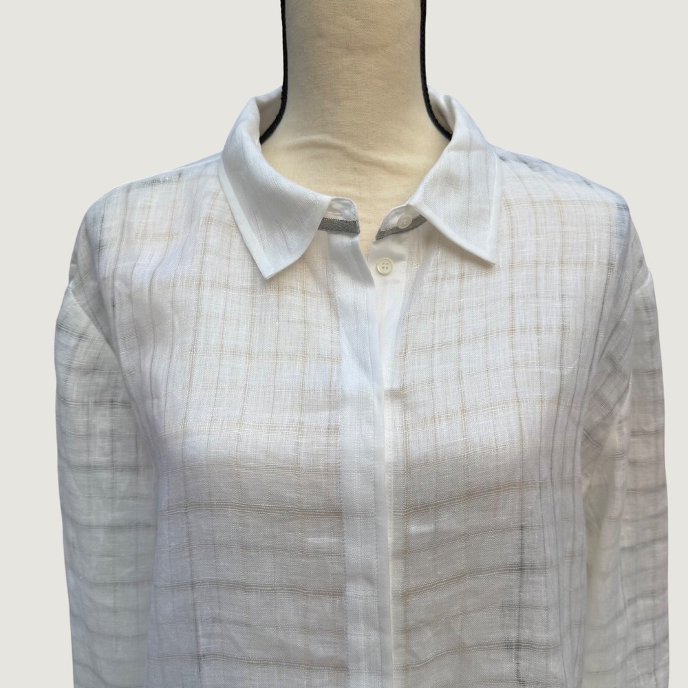 Lafayette 148 New York White Sheer Linen Grid Button Down Shirt Blouse XL - Picture 3 of 11
